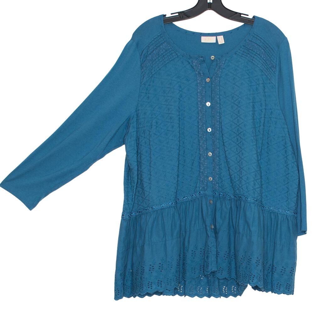 LOGO Lori Goldstein Lavish Button Up Top Plus Size 1X Eyelet Embroidered Peplum - Picture 2 of 8